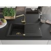 Mexen Cesar, granitový drez 775x470x190 mm, 1-komorový, čierna so zlatým sifónom a zlatá drezová batéria Rita, 6514-77-670300-50