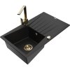 Mexen Cesar, granitový drez 775x470x190 mm, 1-komorový, čierna so zlatým sifónom a zlatá drezová batéria Rita, 6514-77-670300-50