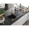 Mexen Cesar, granitový drez 775x470x190 mm, 1-komorový, čierna so zlatým sifónom a zlatá drezová batéria Rita, 6514-77-670300-50