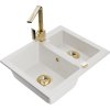 Mexen Carlos, 1,5-komorový granitový drez s odkvapkávačom 582x475x177 mm a zlatá kuchynská batéria Rita, biela, 6518-20-670300-50