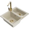 Mexen Carlos, 1,5-komorový granitový drez s odkvapkávačom 582x475x177 mm a zlatá kuchynská batéria Rita, béžová, 6518-69-670300-50