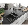 Mexen Matias, granitový drez 900x505x200 mm, 1,5-komorový a čierna batéria Telma, čierna škvrnitá, 6502-76-670200-70