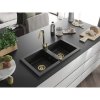 Mexen Mario, 2-komorový granitový drez 820x436x161 mm a zlatá lesklá drezová batéria Telma, čierna-strieborná metalíza, 6504-73-670200-50