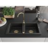 Mexen Mario, 2-komorový granitový drez 820x436x161 mm a zlatá lesklá drezová batéria Telma, čierna-strieborná metalíza, 6504-73-670200-50