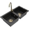 Mexen Mario, 2-komorový granitový drez 820x436x161 mm a zlatá lesklá drezová batéria Telma, čierna-strieborná metalíza, 6504-73-670200-50