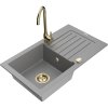Mexen Pablo, granitový drez 752x436x161 mm, 1-komorový a zlatá batéria Telma, šedá, 6510-71-670200-50