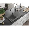 Mexen Cesar, granitový drez 775x470x190 mm, 1-komorový, šedá s chrómovým sifónom a čierna drezová batéria Telma, 6514-71-670200-70