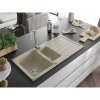 Mexen Andres, granitový drez 1000x500x200 mm, 1,5-komorový, béžová s chrómovým sifónom a chrómová drezová batéria Telma, 6515-69-670200-00