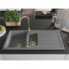 Mexen Andres, granitový drez 1000x500x200 mm, 1,5-komorový, šedá so zlatým sifónom a zlatá drezová batéria Telma, 6515-71-670200-50