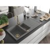 Mexen Andres, granitový drez 1000x500x200 mm, 1,5-komorový, šedá so zlatým sifónom a zlatá drezová batéria Telma, 6515-71-670200-50