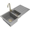 Mexen Andres, granitový drez 1000x500x200 mm, 1,5-komorový, šedá so zlatým sifónom a zlatá drezová batéria Telma, 6515-71-670200-50