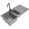 Mexen Andres, granitový drez 1000x500x200 mm, 1,5-komorový, šedá s chrómovým sifónom a čierna drezová batéria Telma, 6515-71-670200-70