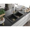 Mexen Tomas, 2-komorový granitový drez 800x500x190 mm  a kuchynská batéria Duo, čierna-strieborná metalíza, 6516-73-671701-57-G