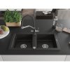 Mexen Mario, granitový drez 820x436x161 mm, 2-komorový a drezová batéria Duo, čierna-zlatá metalíza, 6504-75-671701-07