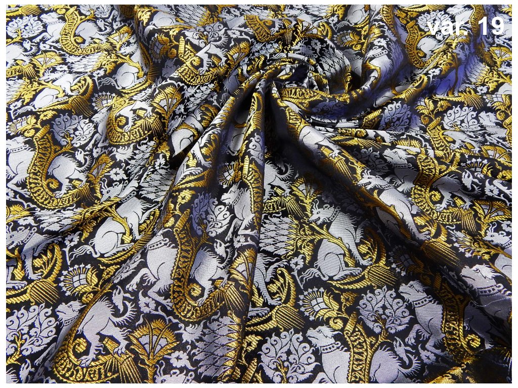 Black floral print silk brocade fabric