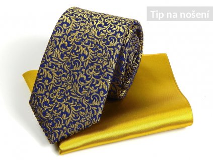 Set kravata ČH 7 cm ornament modrá/zlatá+Kapesníček PESh 400 satén žlutá zlatá