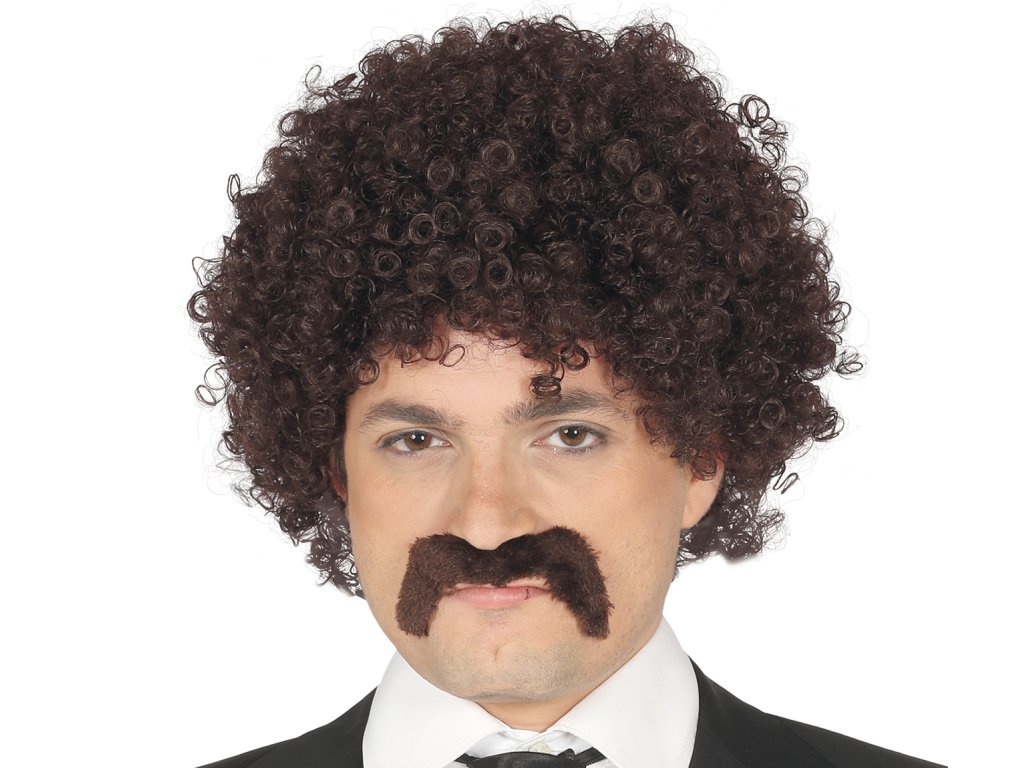Кафява къдрава перука и мустаци