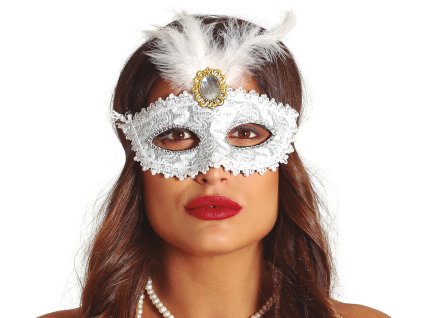 Biela škraboška s pierkom