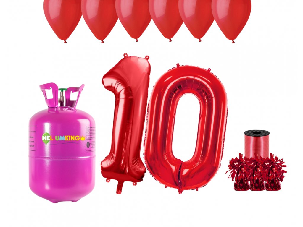 Helium párty set na 10. narozeniny s červenými balónky - HeliumKing.cz