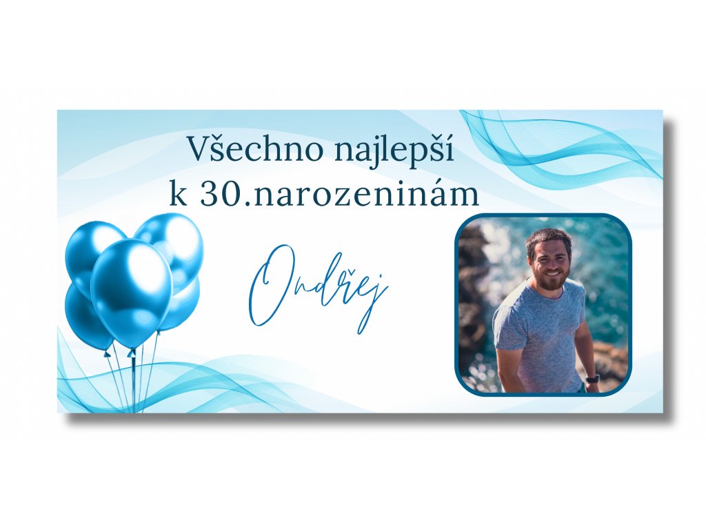 Personal Narozeninový banner s fotkou - Blue Balloons Rozmer banner: 130 x 260 cm