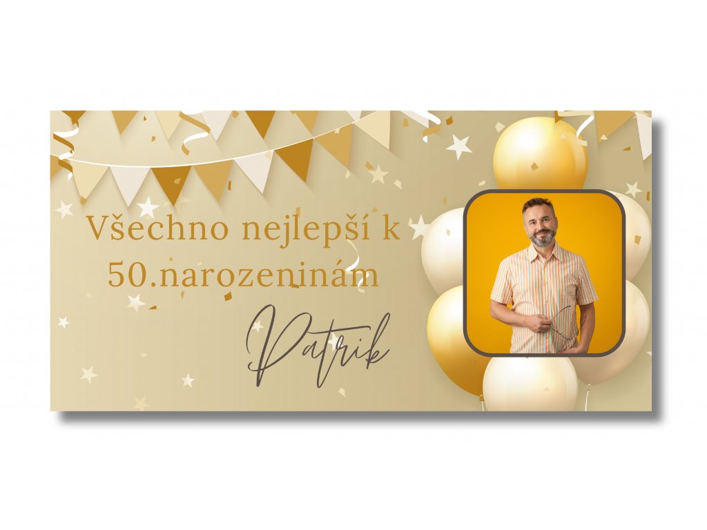 Personal Narozeninový banner s fotkou - Golden Birthday Rozmer banner: 130 x 65 cm