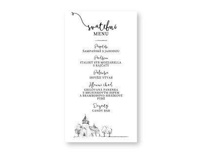 Bílé svatební menu s kostelíkem dole.