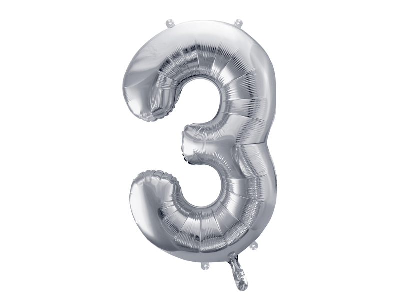 Levně PartyDeco Fóliový balónek narozeninové číslo 3 stříbrný 86cm
