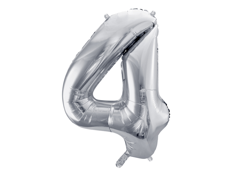 Levně PartyDeco Fóliový balónek narozeninové číslo 4 stříbrný 86cm