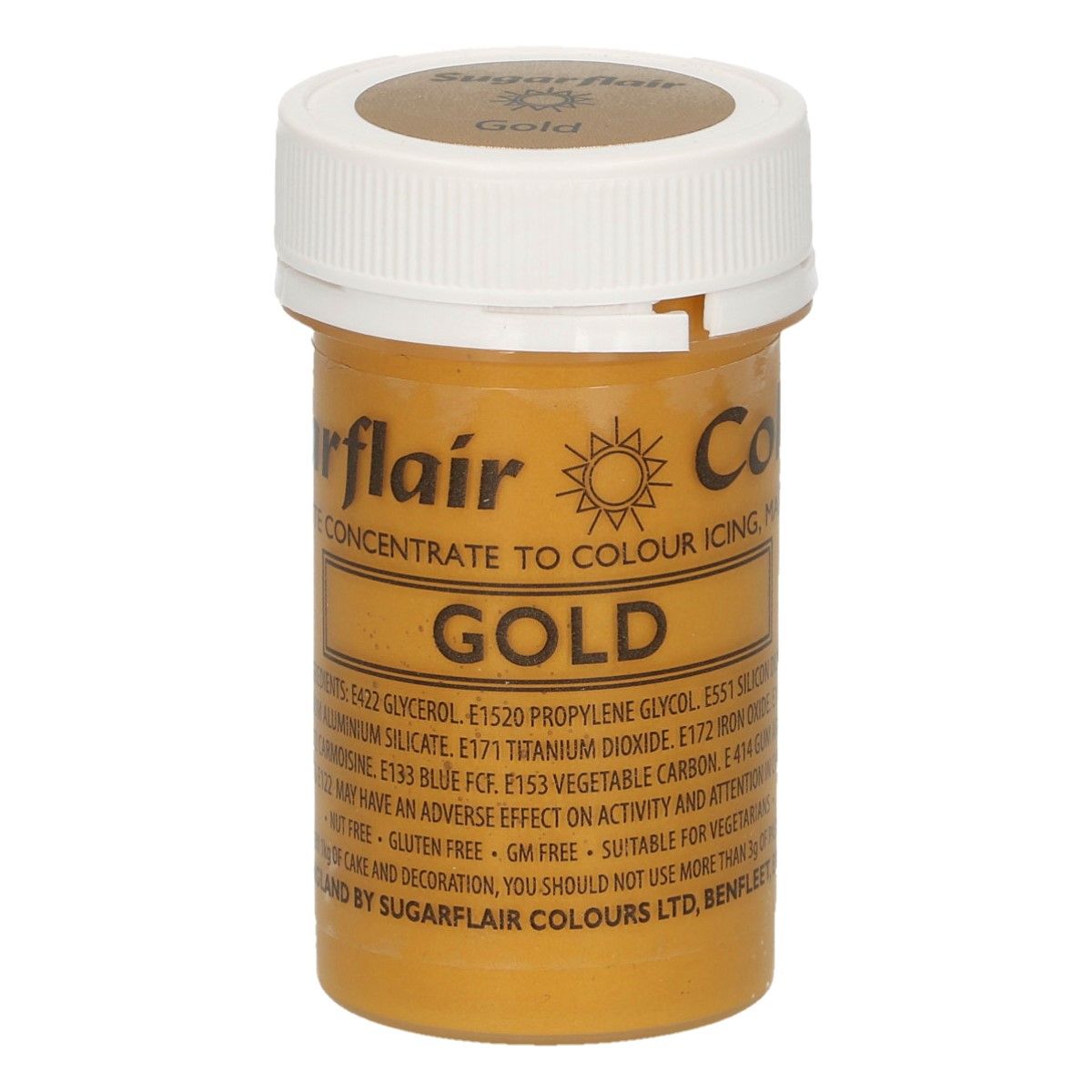 Levně Sugarflair Colours Gelová barva Satin Gold - Třpytivá zlatá 25 g