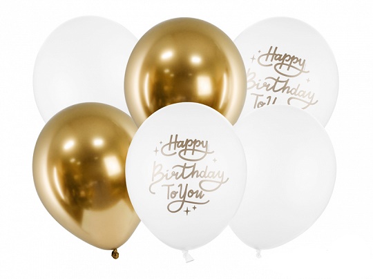 Levně PartyDeco Latexové balónky - bílé a zlaté Happy birthday to you 6 ks