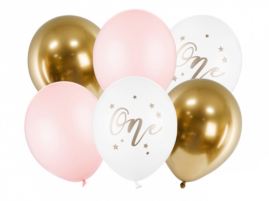 PartyDeco Latexové balóny - První narozeniny růžové 6 ks