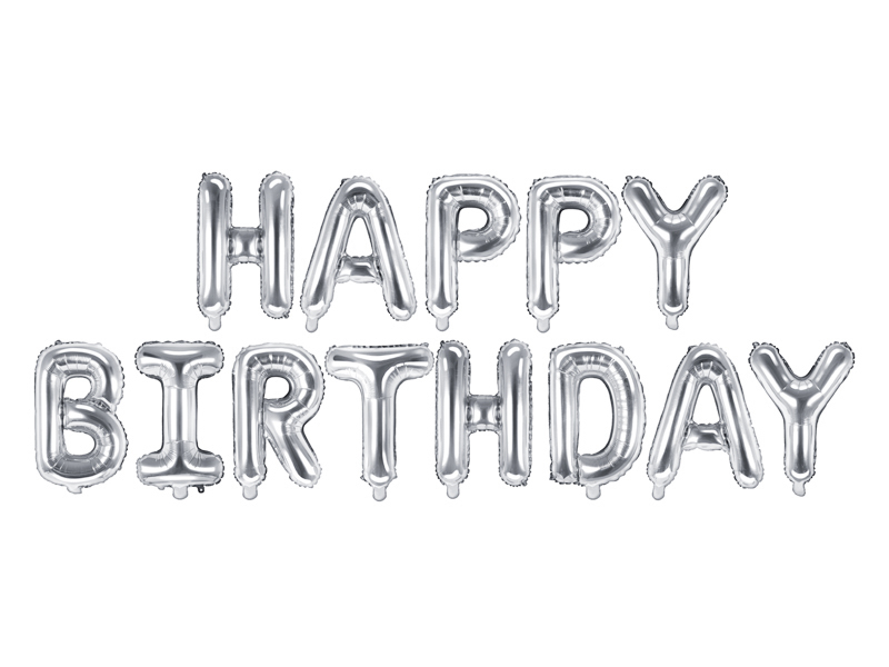 PartyDeco Fóliový balón - Happy Birthday nápis stříbrný 340x35cm