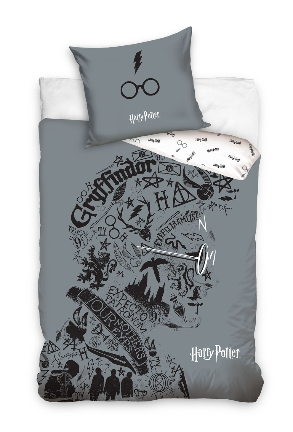 Levně Carbotex Ložní povlečení - Harry Potter (šedé) 140 x 200 cm