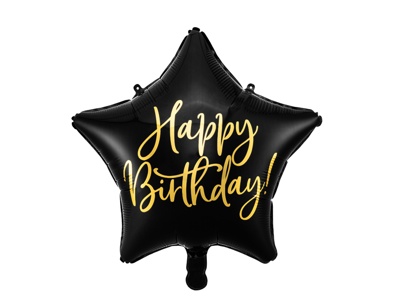 PartyDeco Fóliový balón hvězda - Happy Birthday černý 40 cm