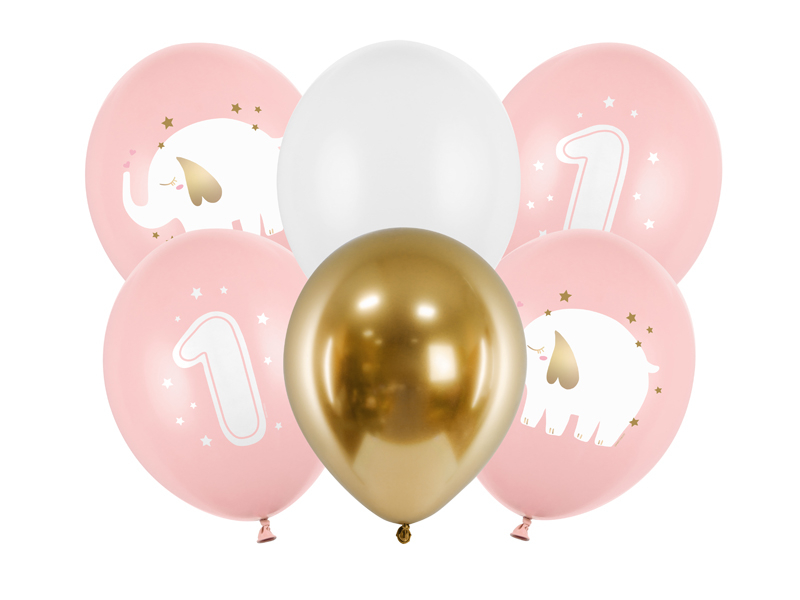 PartyDeco Latexové balóny - První narozeniny sloník růžové 6 ks