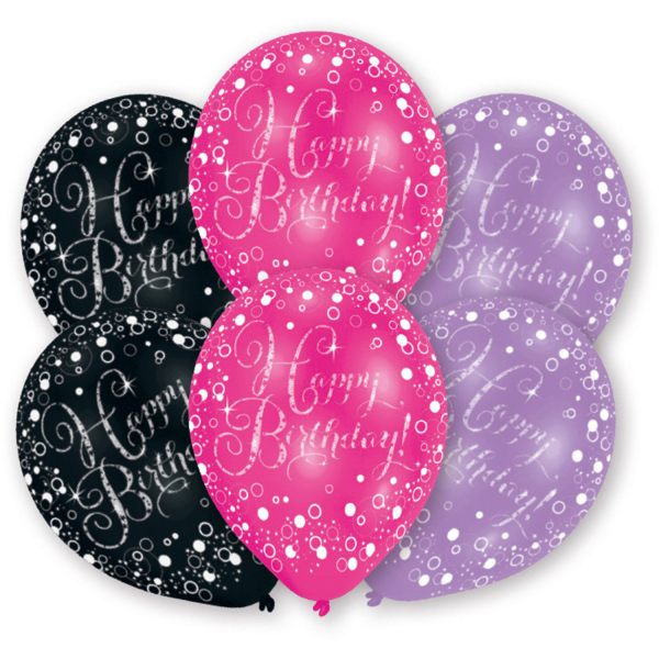 Levně Amscan Latexové balónky Happy Birthday růžové/černé/fialové 6 ks