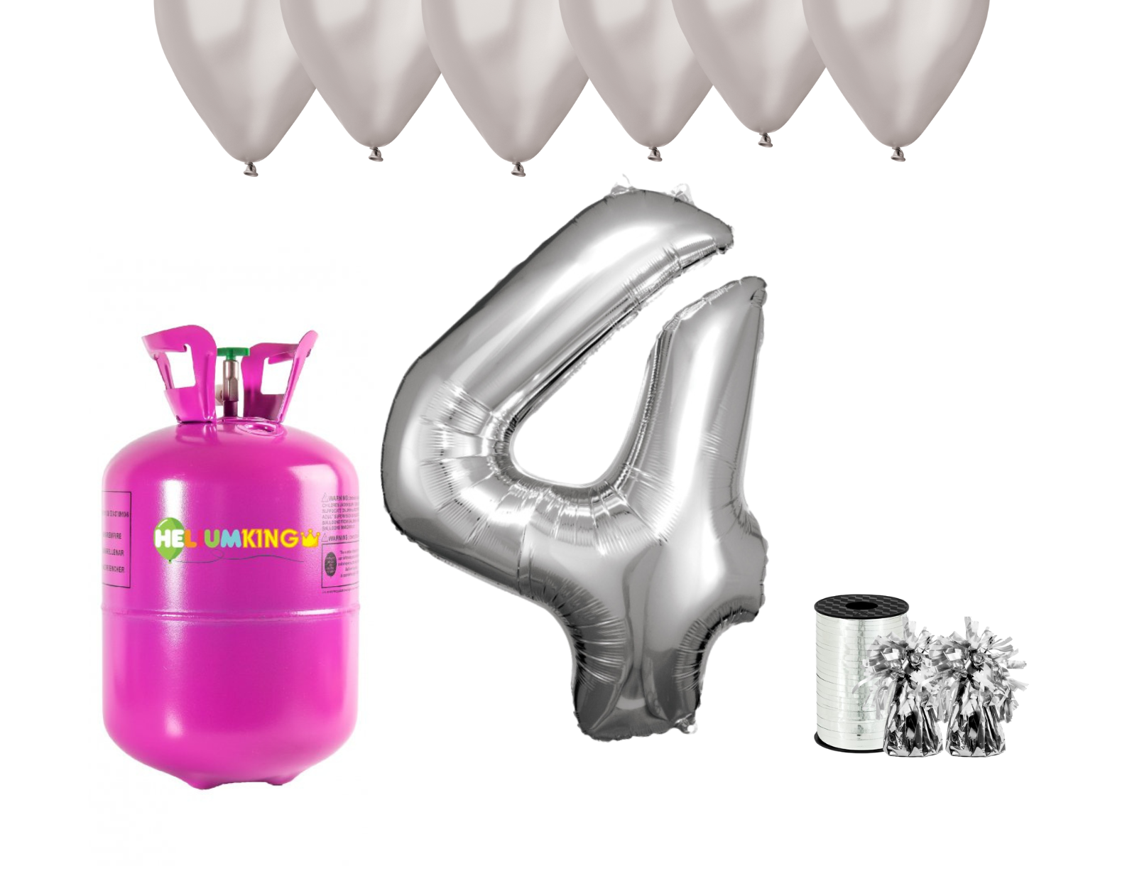 HeliumKing Helium párty set na 4. narozeniny se stříbrnými balónky