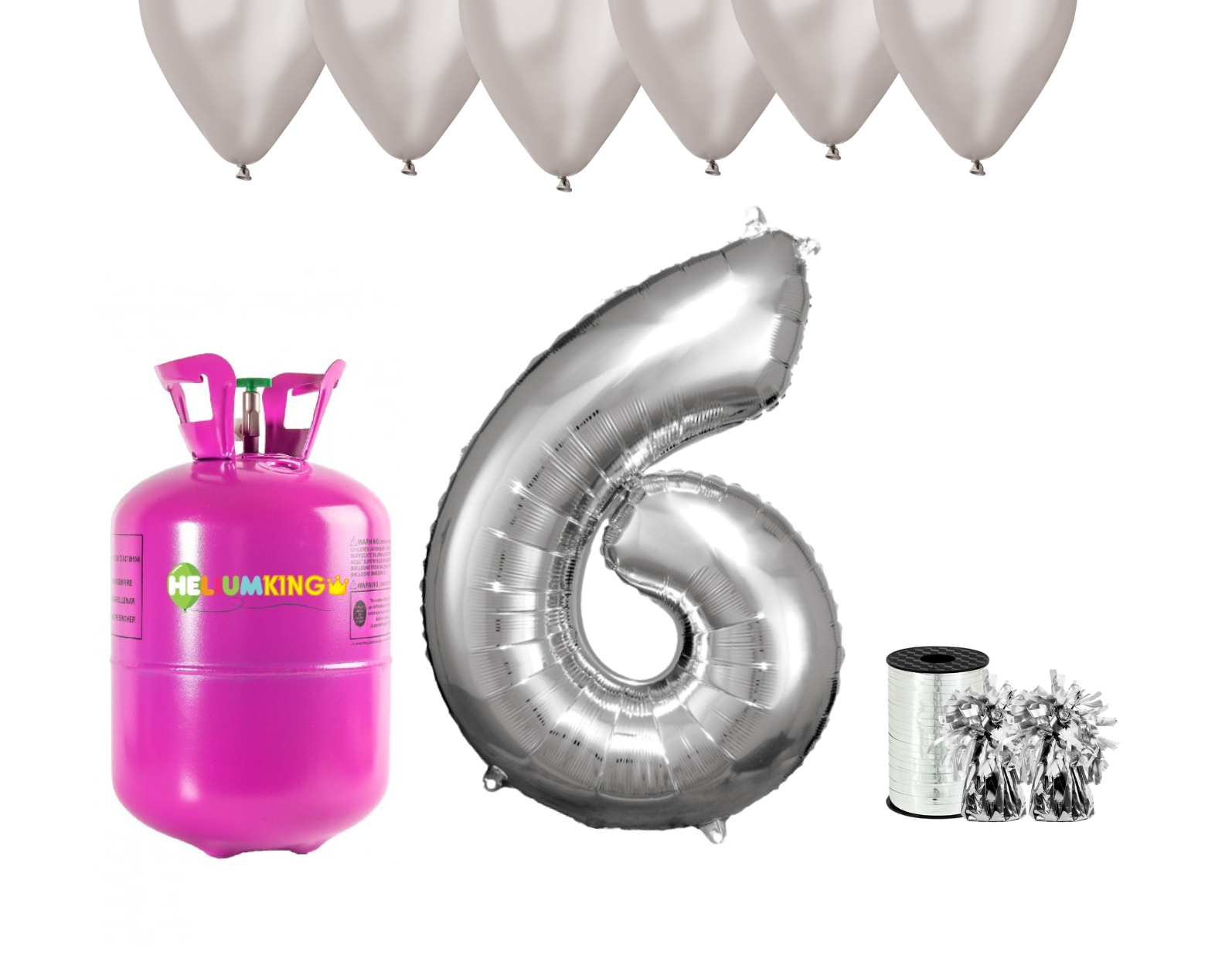 HeliumKing Helium párty set na 6. narozeniny se stříbrnými balónky