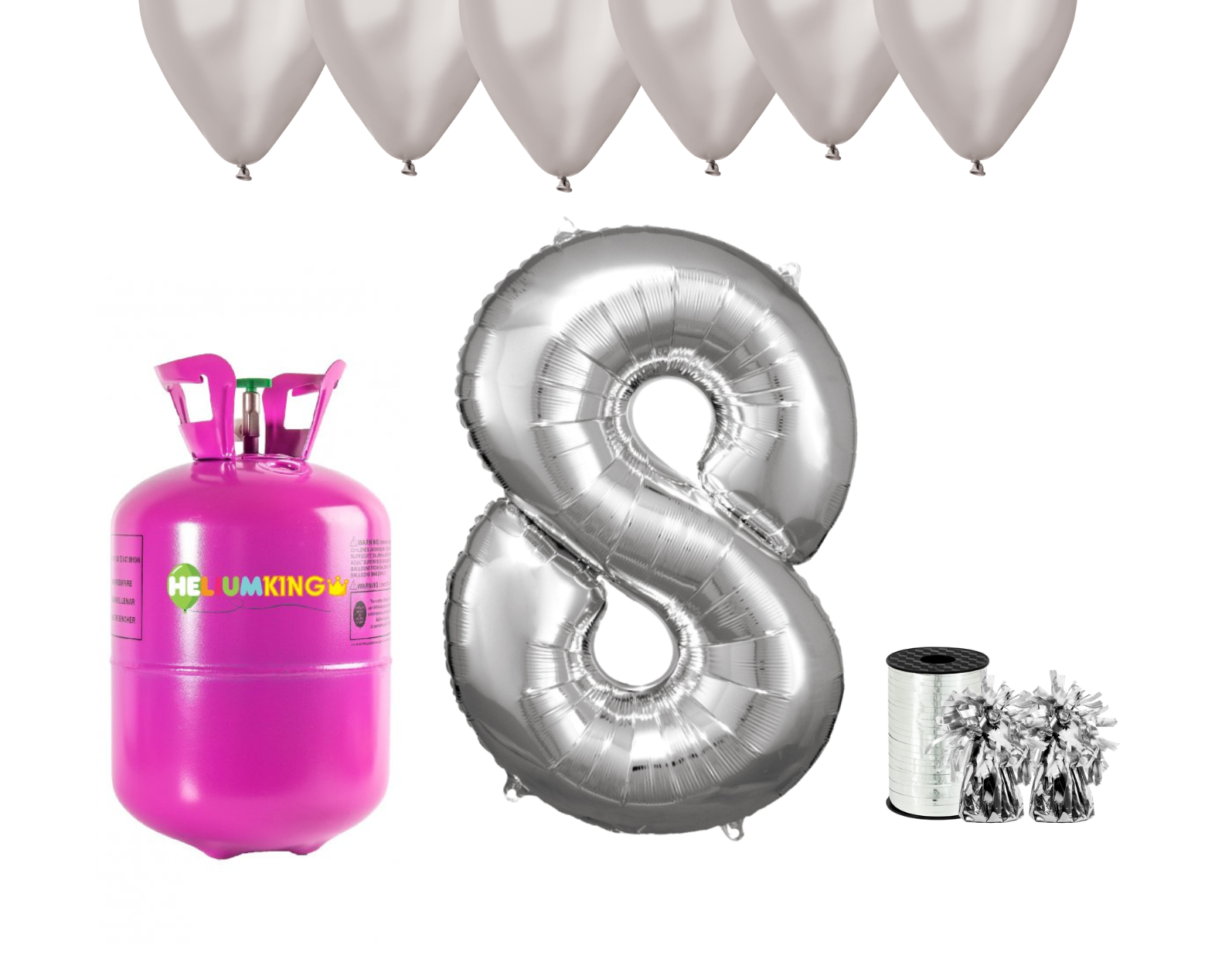 HeliumKing Helium párty set na 8. narozeniny se stříbrnými balónky
