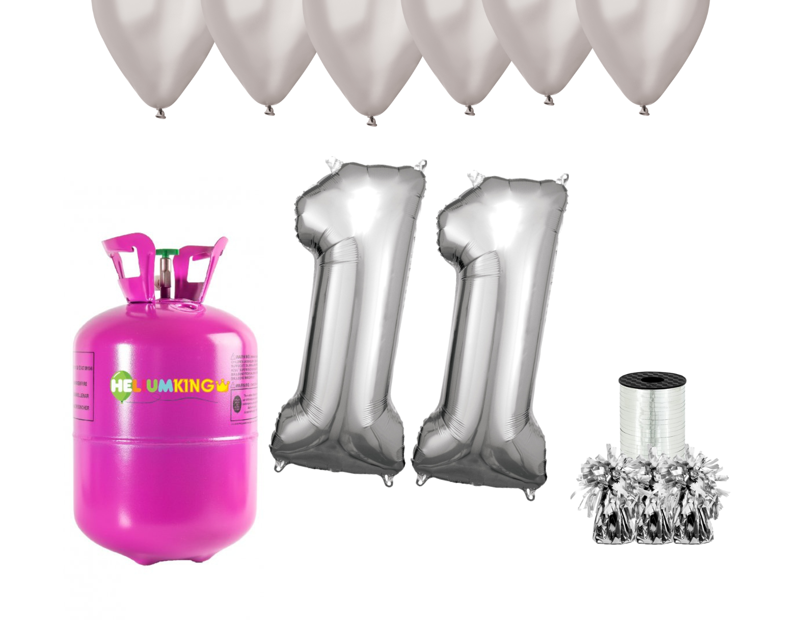 HeliumKing Helium párty set na 11. narozeniny se stříbrnými balóny
