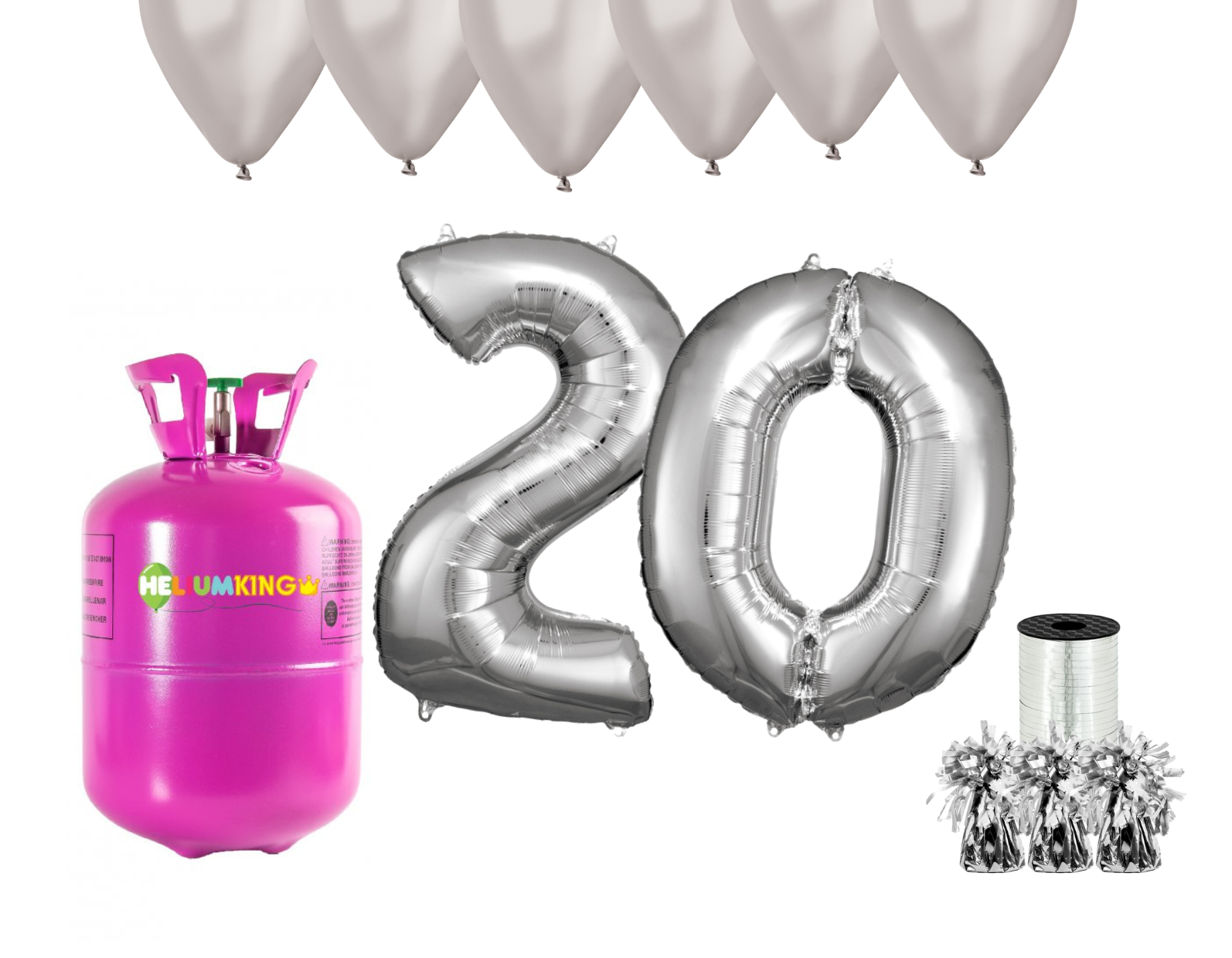 HeliumKing Helium párty set na 20. narozeniny se stříbrnými balóny
