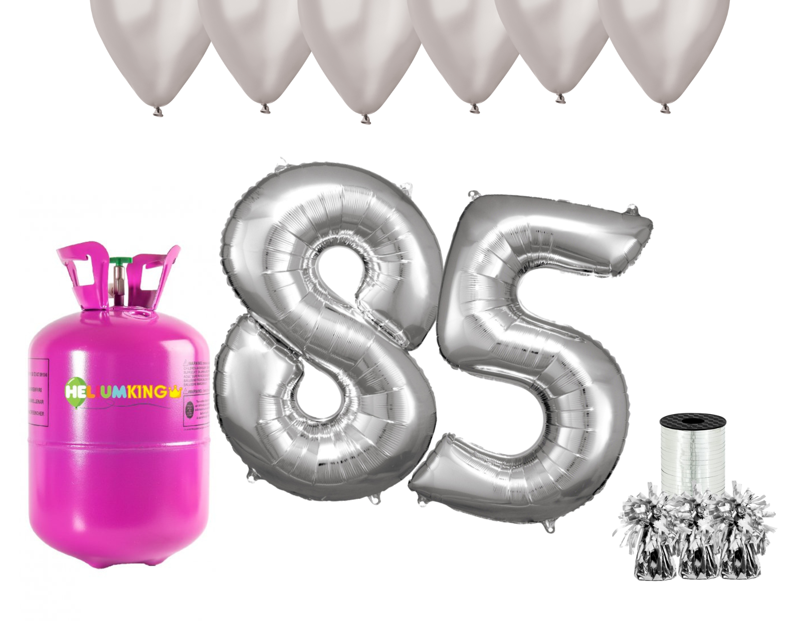 HeliumKing Helium párty set na 85. narozeniny se stříbrnými balónky