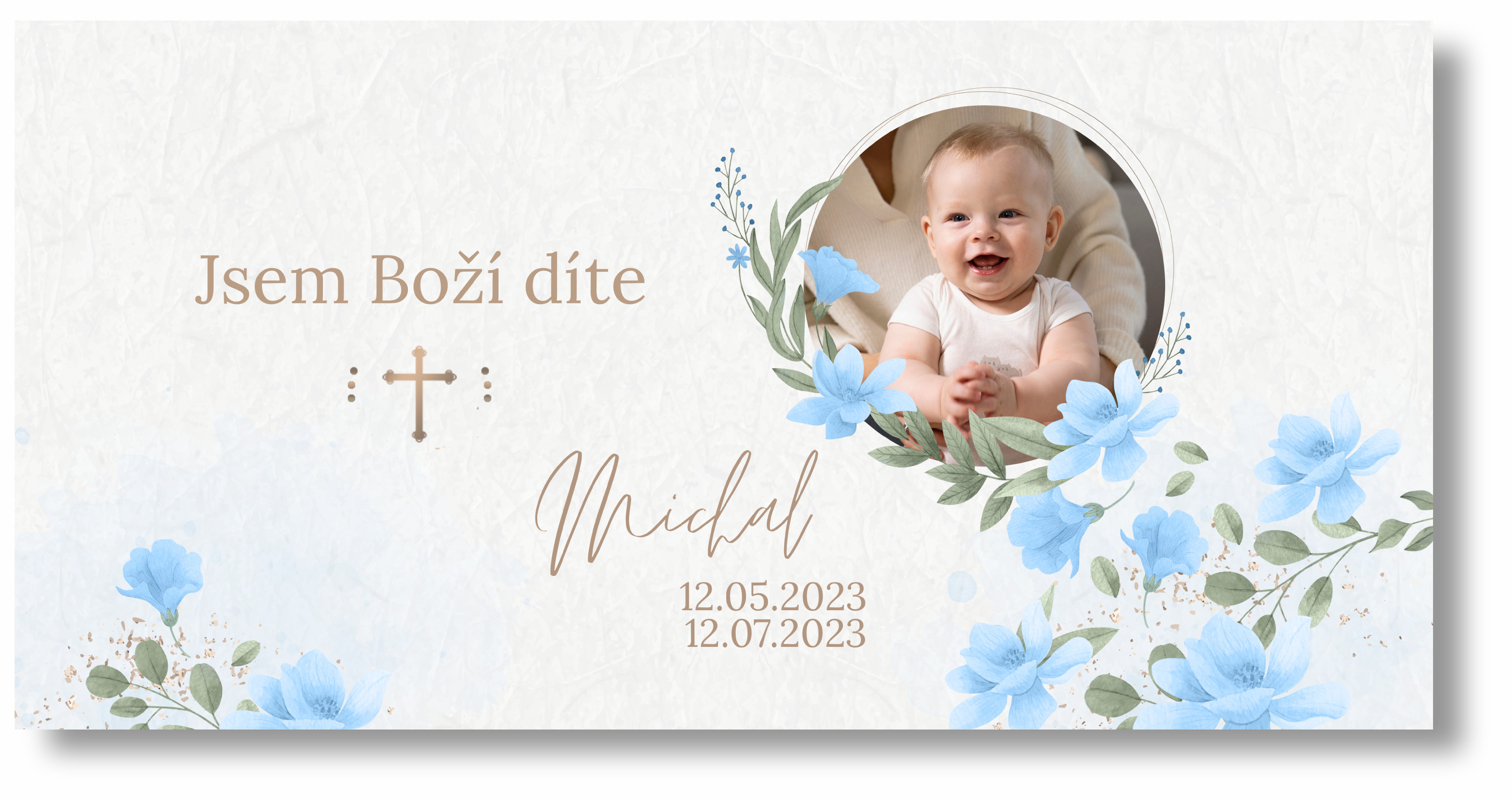 Personal Banner na křtiny s fotkou - Blue Flowers Rozmer banner: 130 x 260 cm