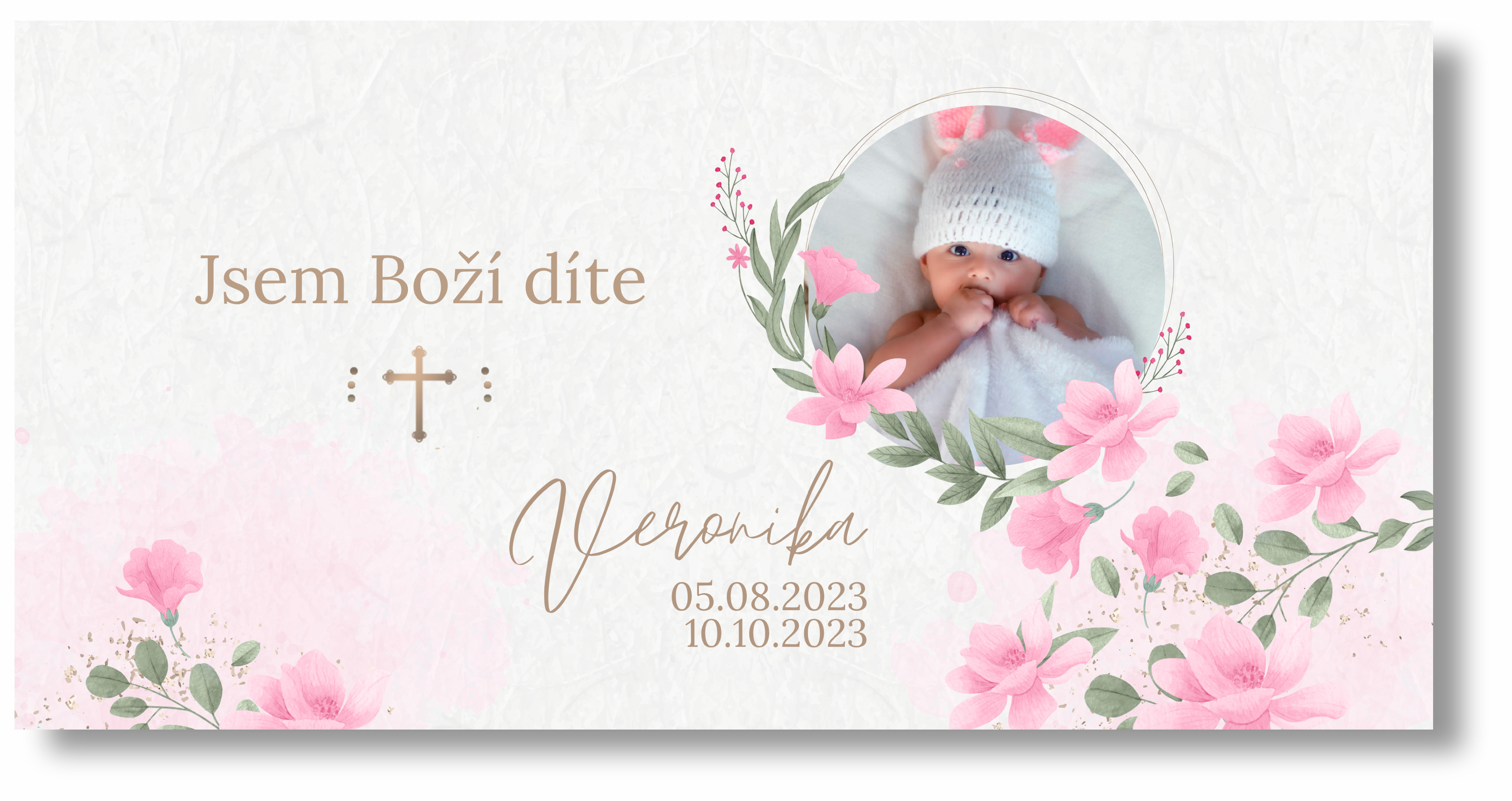 Personal Banner na křtiny s fotkou - Pink Flowers Rozmer banner: 130 x 260 cm