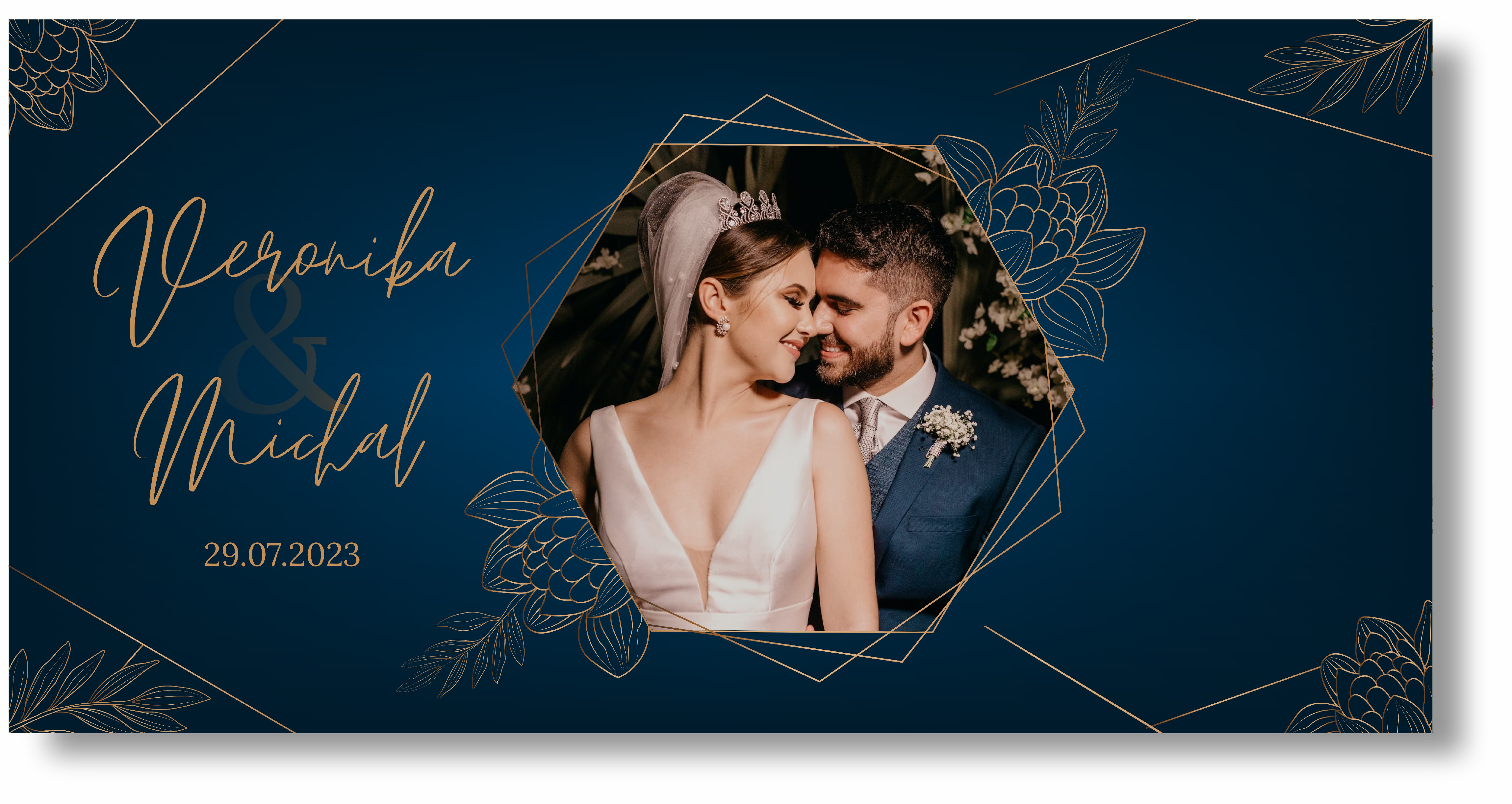 Personal Svatební banner s fotkou - Gold blue Rozmer banner: 130 x 260 cm