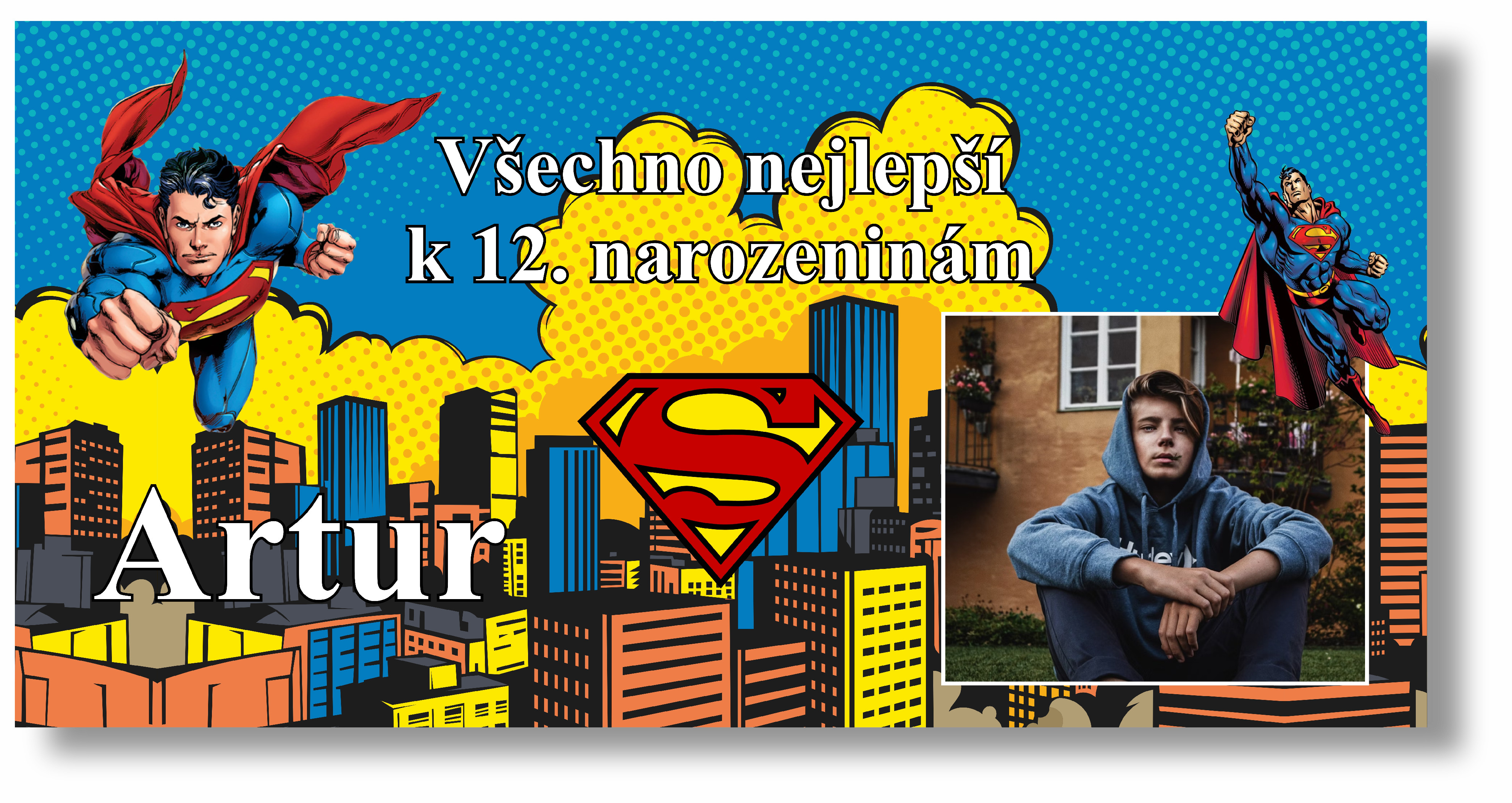 Personal Narozeninový banner s fotkou - Superman Rozmer banner: 130 x 260 cm