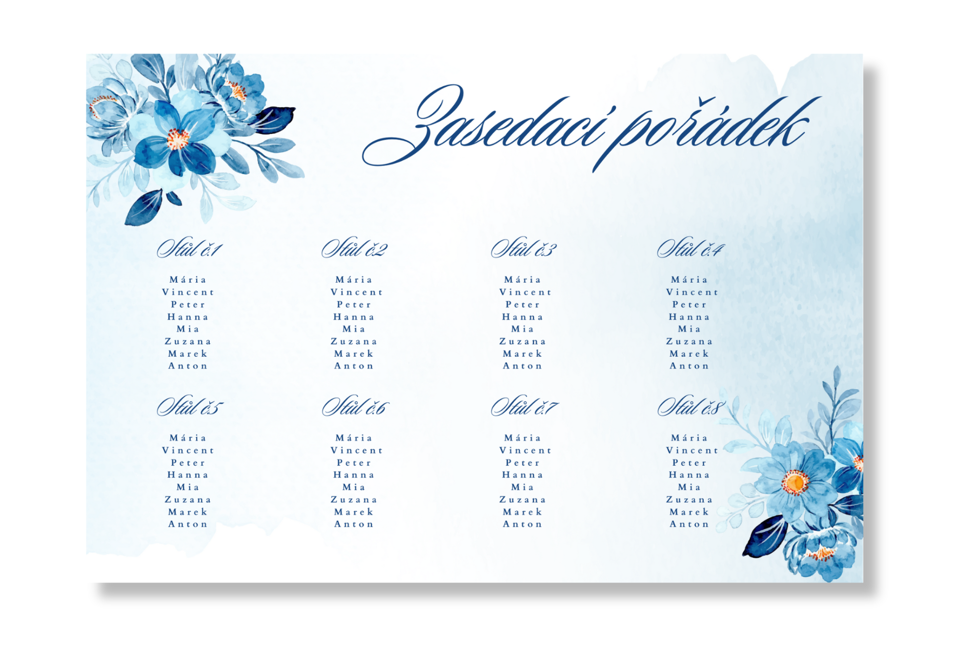 Personal Zasedací pořádek - Modré květiny