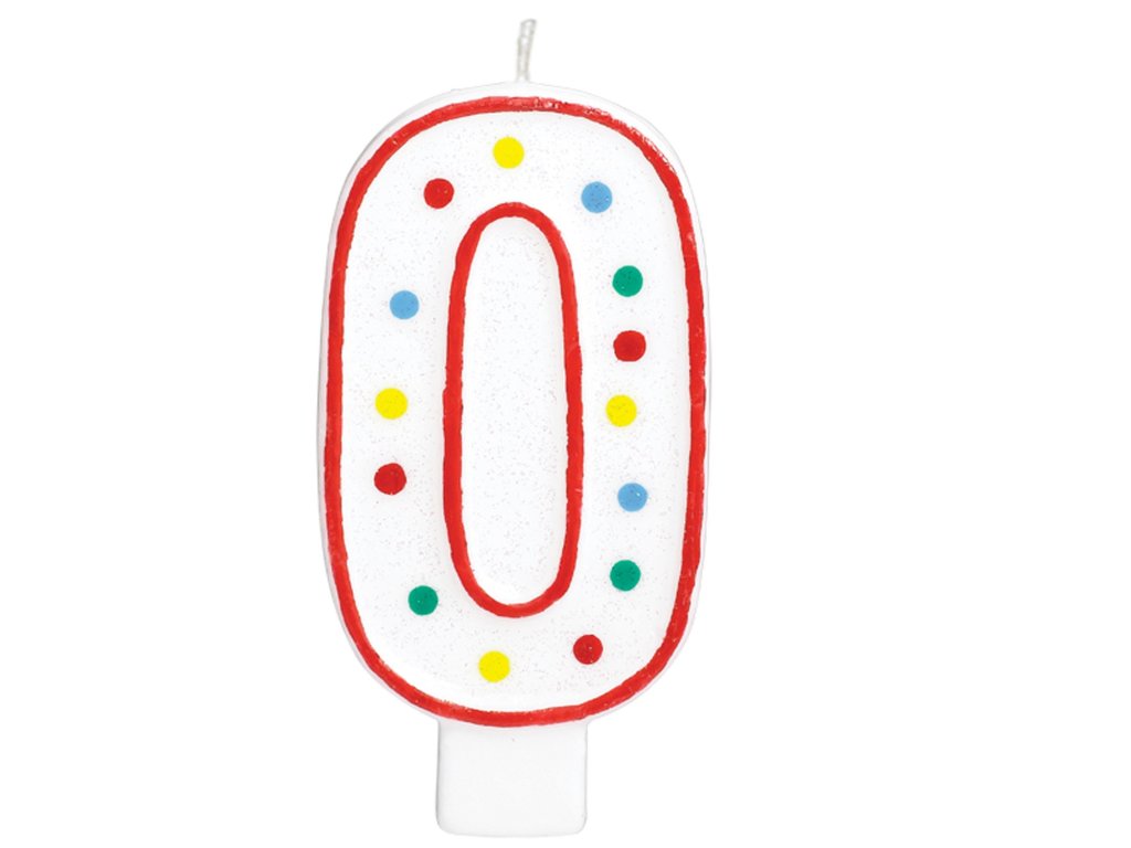 Duża świeczka urodzinowa nr 0 - biała w kropki