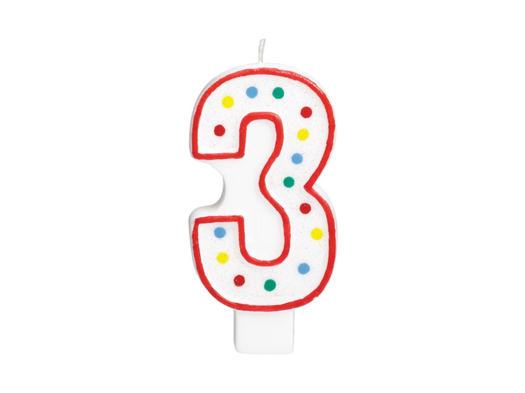 Duża świeczka urodzinowa nr 3 - biała w kropki