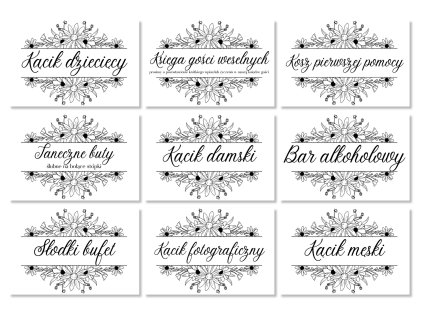 Weselne karteczki informacyjne - Black and white 9 szt.